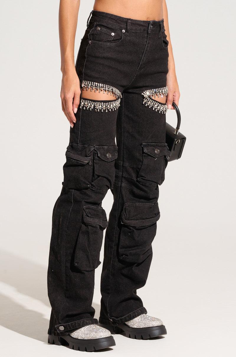 CALLING THE SHOTS CARGO DENIM WITH RHINESTONES IN BLACK Product Image