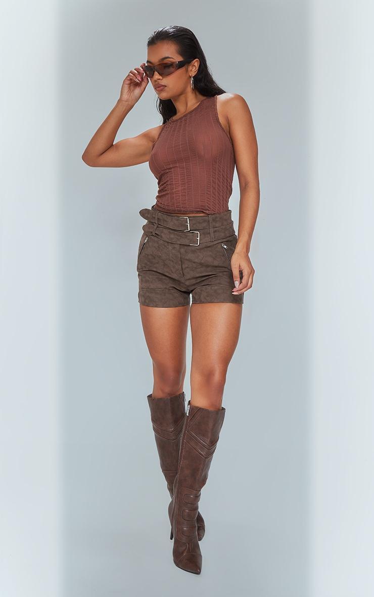 Brown Washed Faux Leather Belted Shorts Product Image