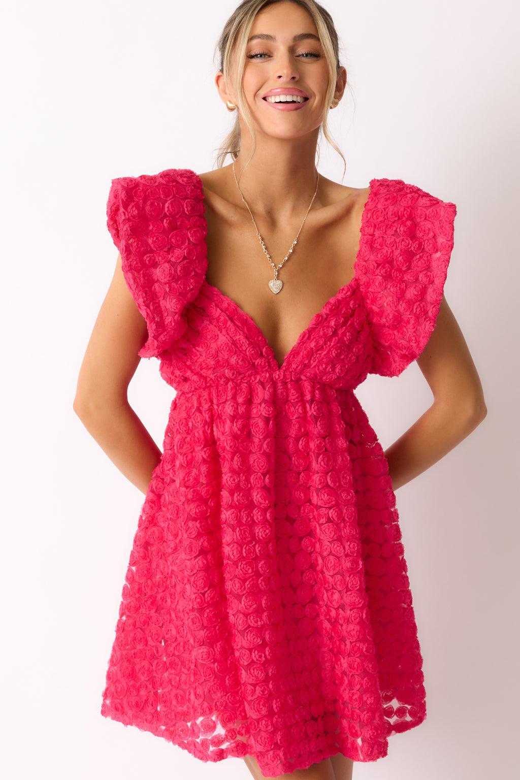 Blooming Love Hot Pink Flutter Sleeve Mini Dress Product Image