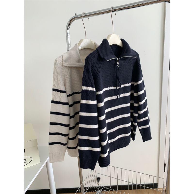 Stand Collar Striped Half Zip Sweater Product Image