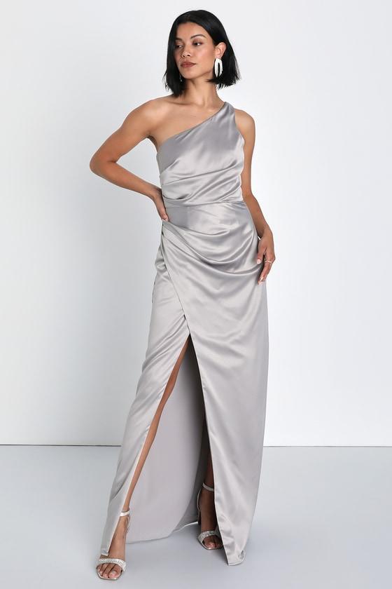 Dreaming of Elegance Grey Satin One-Shoulder Maxi Dress Product Image