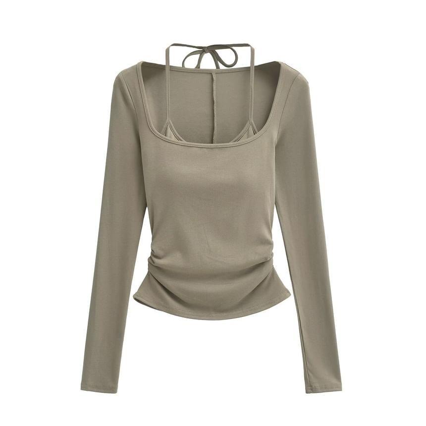 Long Sleeve Halter Plain Mock Two Piece Ruched Padded T-Shirt Product Image