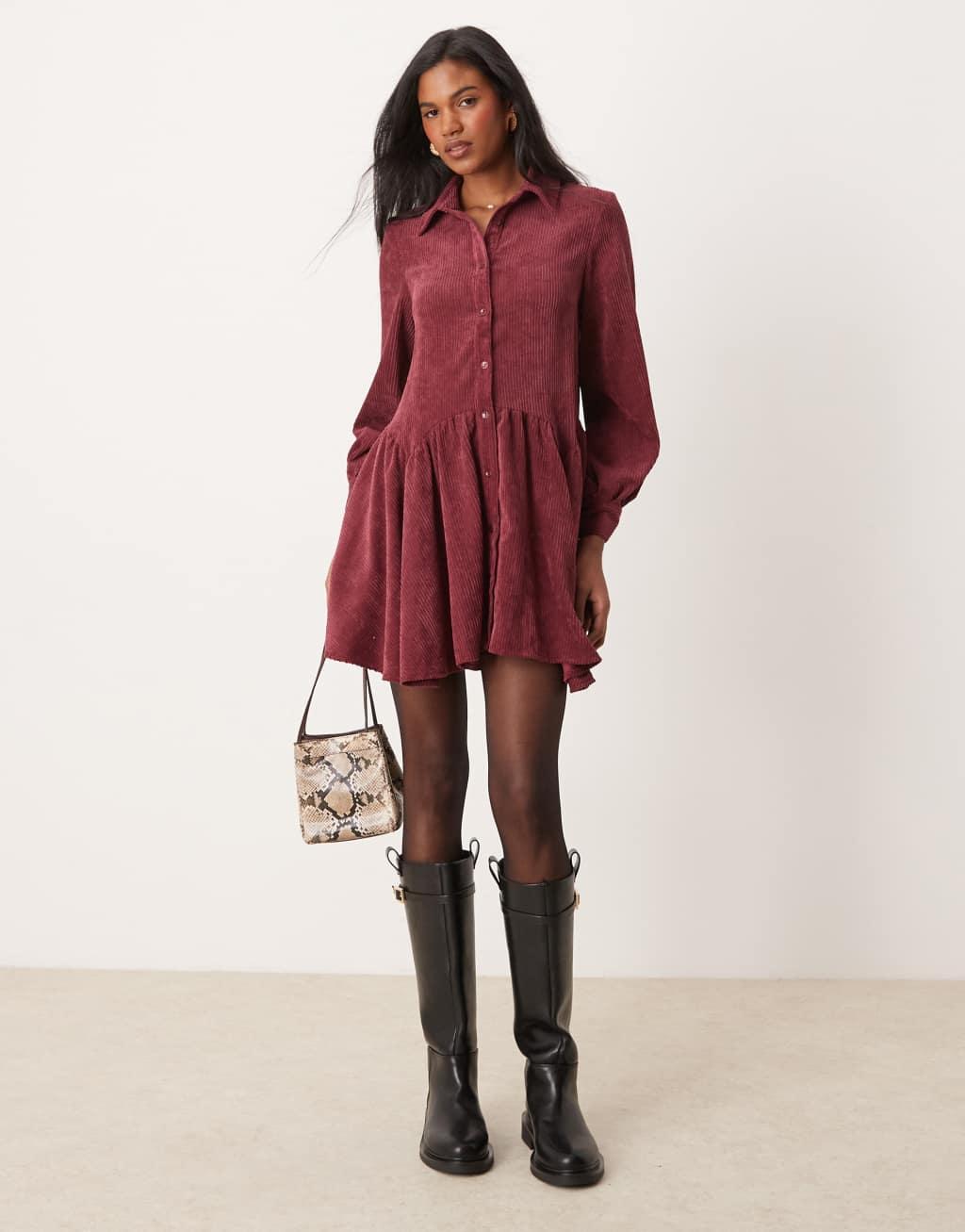 ASOS DESIGN cord smock mini dress with peplum hem in burgundy Product Image