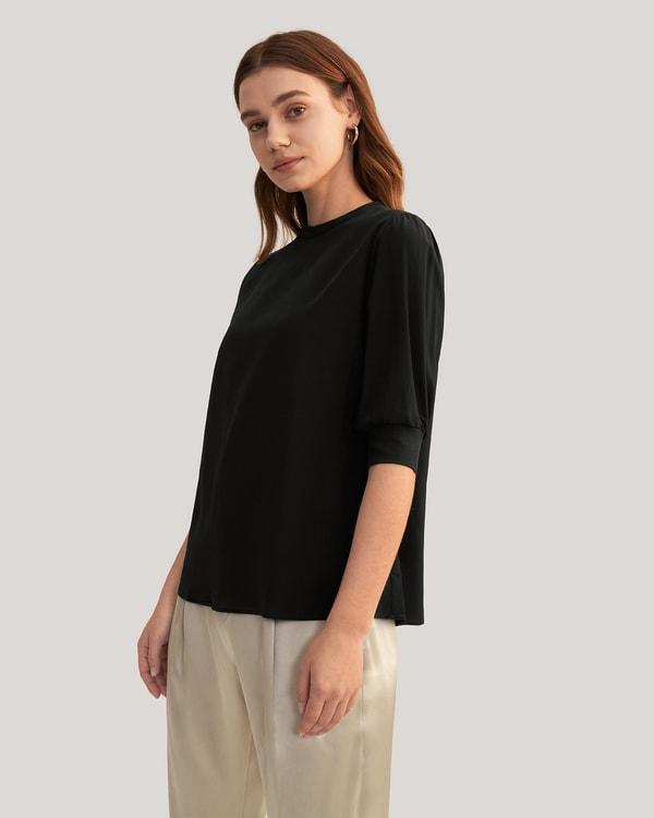 Elegant Casual Silk Tee With Rib Cuff Product Image