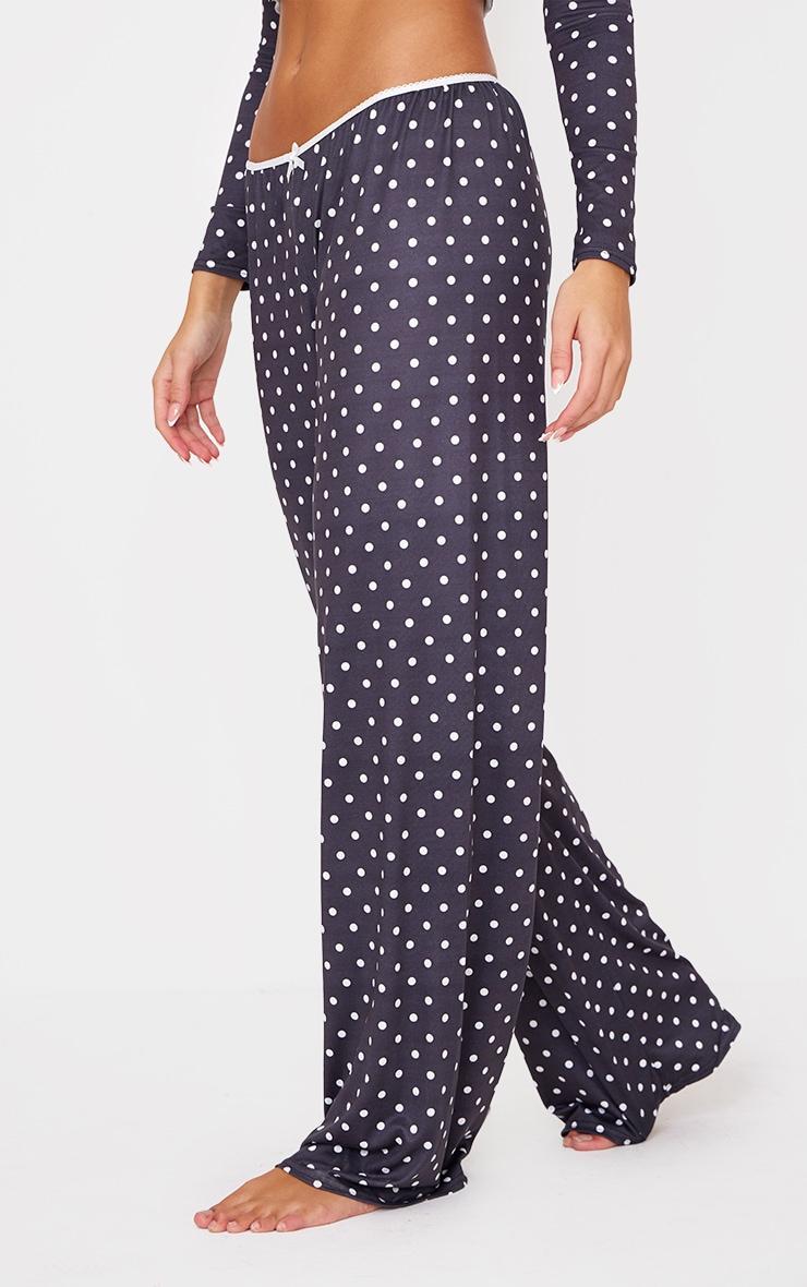 Black Polka Dot Print Wide Leg Pj Pants Product Image