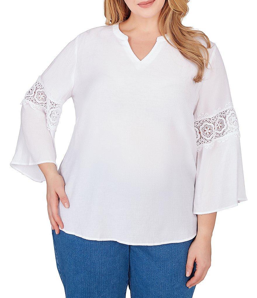 Ruby Rd. Plus Size Solid Split V-Neck Lace Inset 3/4 Bell Sleeve Sleeve Top Product Image