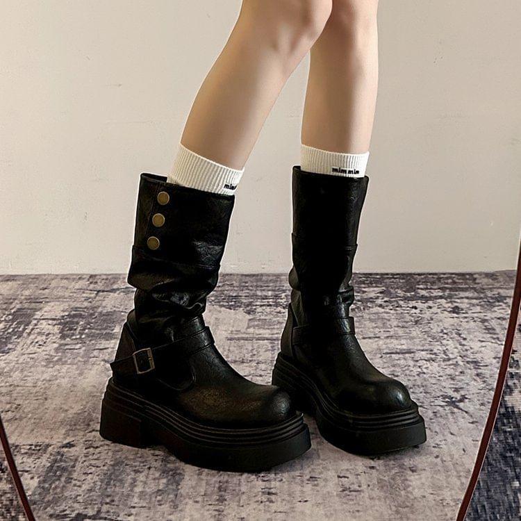 Platform Plain Buckled Mid Calf Boots product image