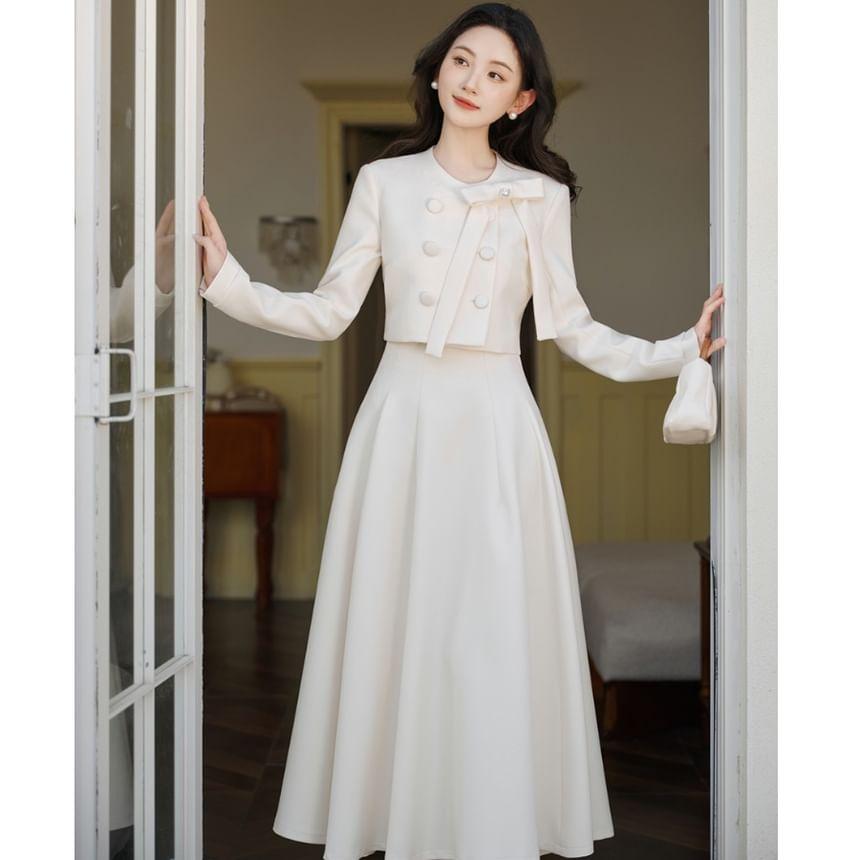 Set: Crew Neck Plain Bow Accent Double-Breasted Crop Jacket + High Waist Maxi A-Line Skirt Product Image