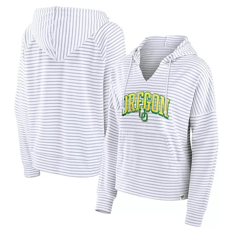 Fanatics Womens White Oregon Ducks Arch Logo Striped Notch Neck Pullover Hoodie - White, Gray Product Image