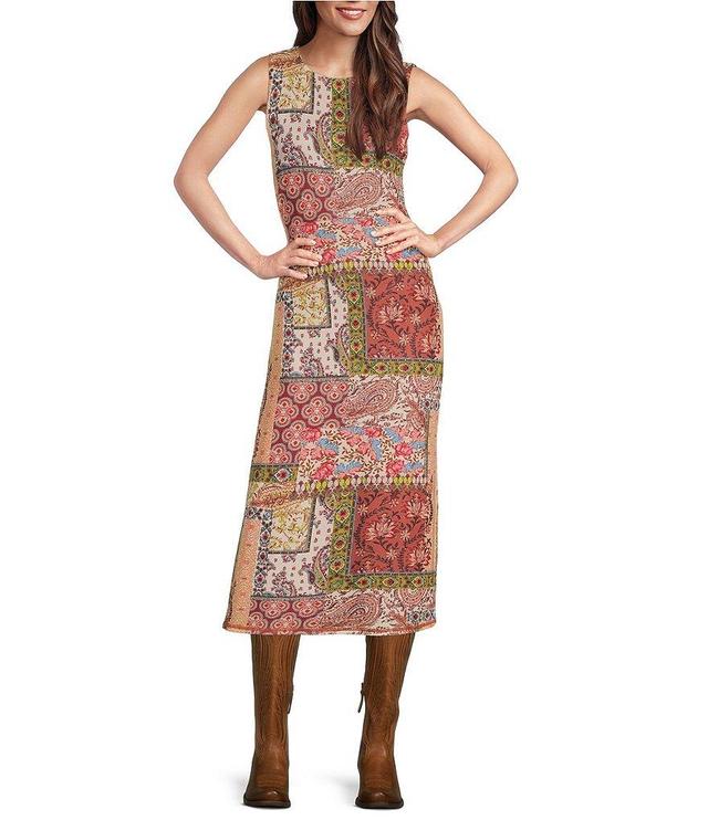 Reba Sleeveless Crew Neck Patchwork Print Mesh Midi Dress Product Image