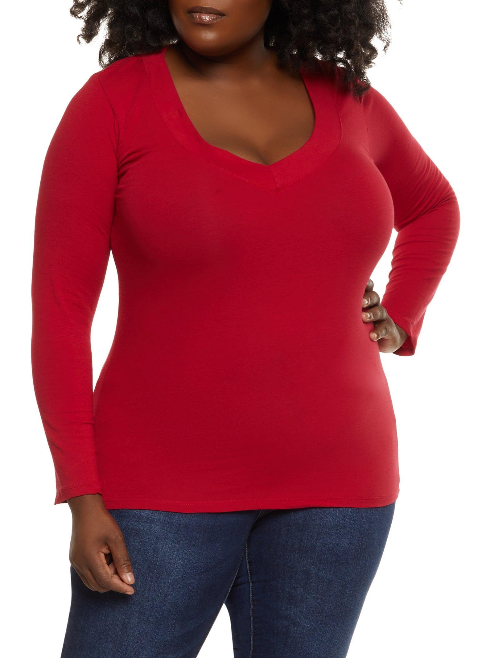 Womens Plus Size Solid V Neck Long Sleeve Tee Product Image