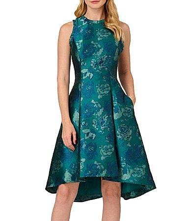 Adrianna Papell Floral Jacquard Halter Neckline Sleeveless Hi Lo Fit and Flare Dress Product Image