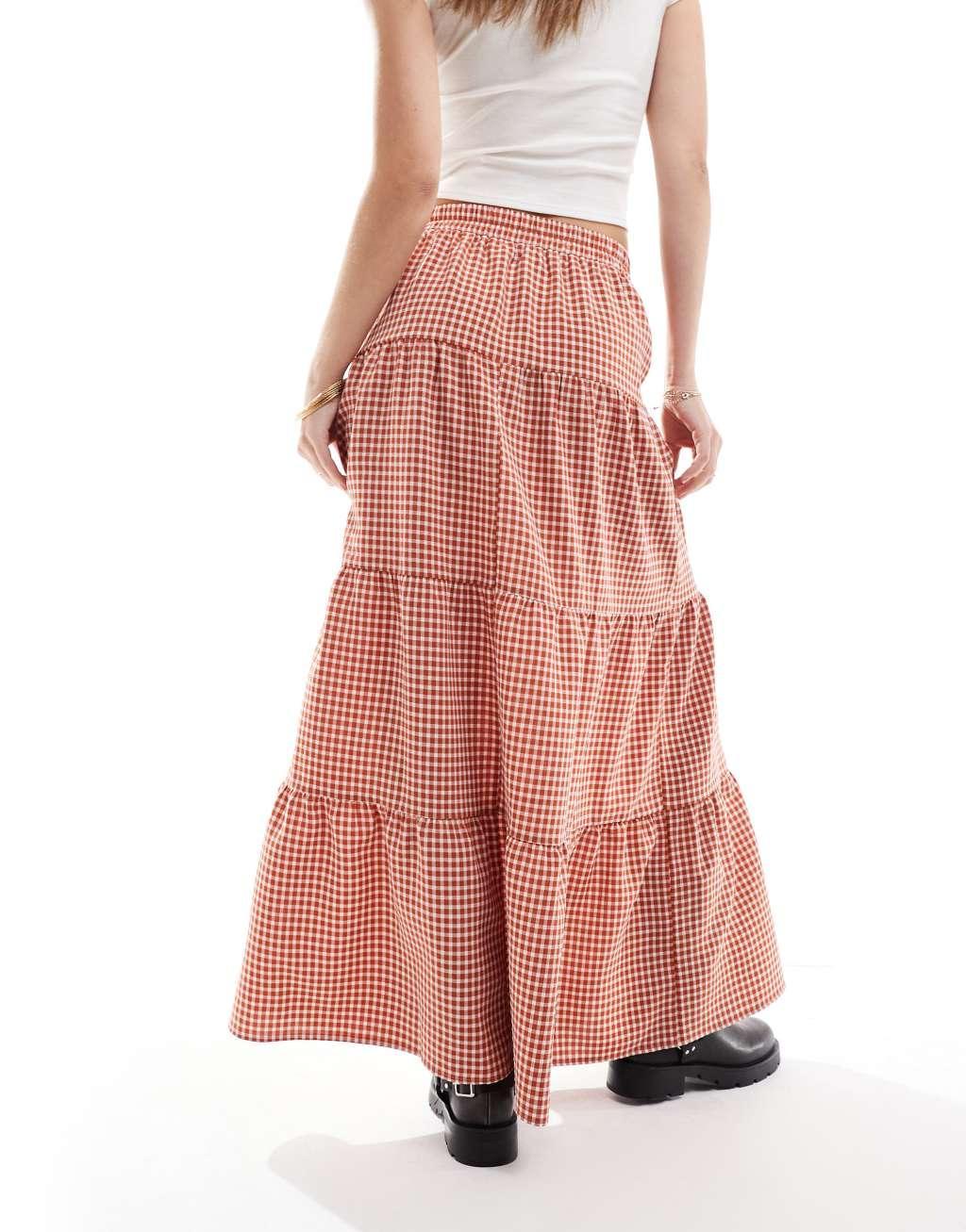 Miss Selfridge tiered maxi gingham skirt in rust Product Image