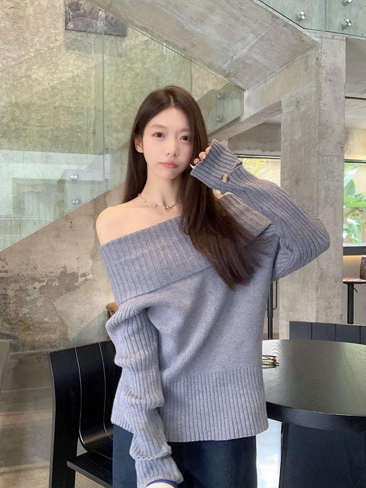 Off Shoulder Plain Ribbed Sweater Product Image