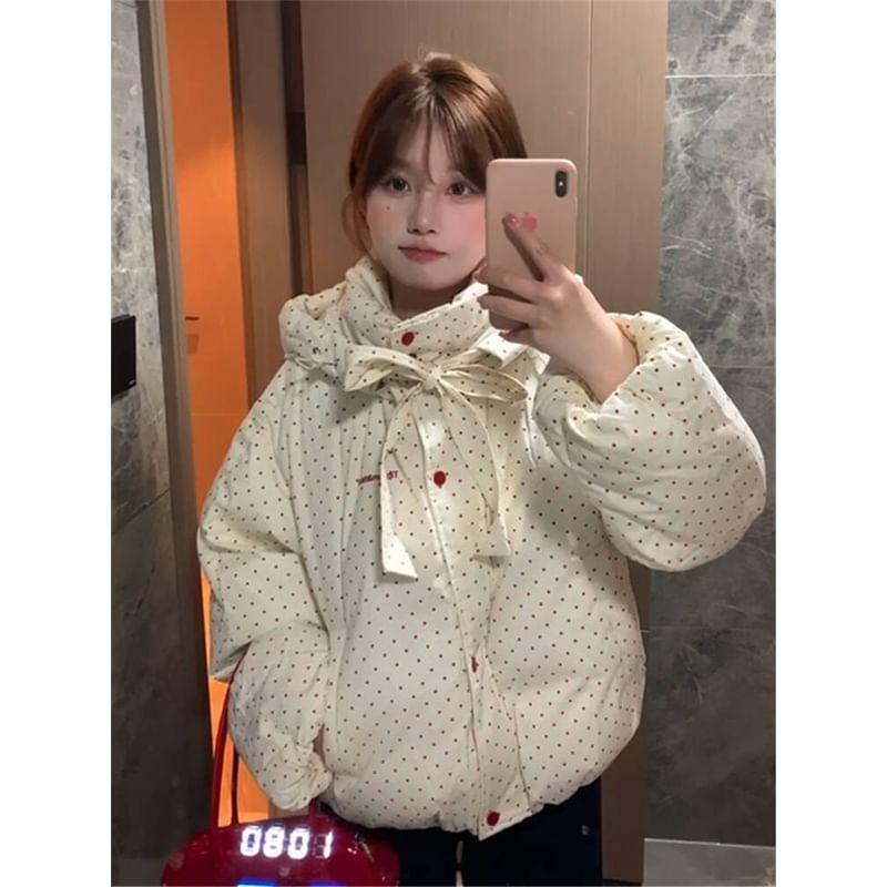 Mock Neck Dotted Button-Up Puffer Jacket Product Image