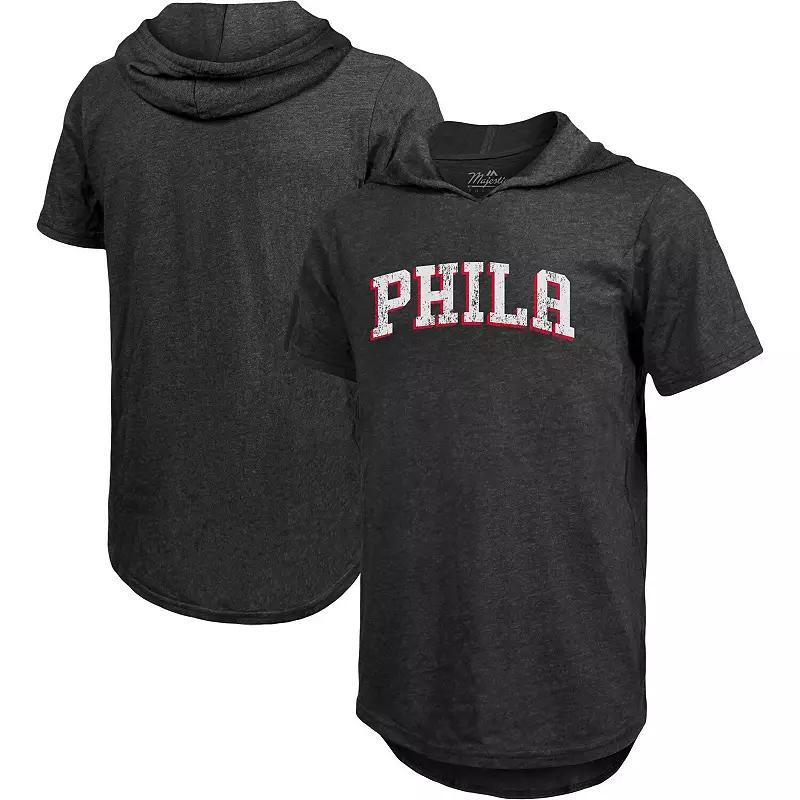 Mens Majestic Threads Heathered Black Philadelphia 76ers Wordmark Tri-Blend Hoodie T-shirt Product Image