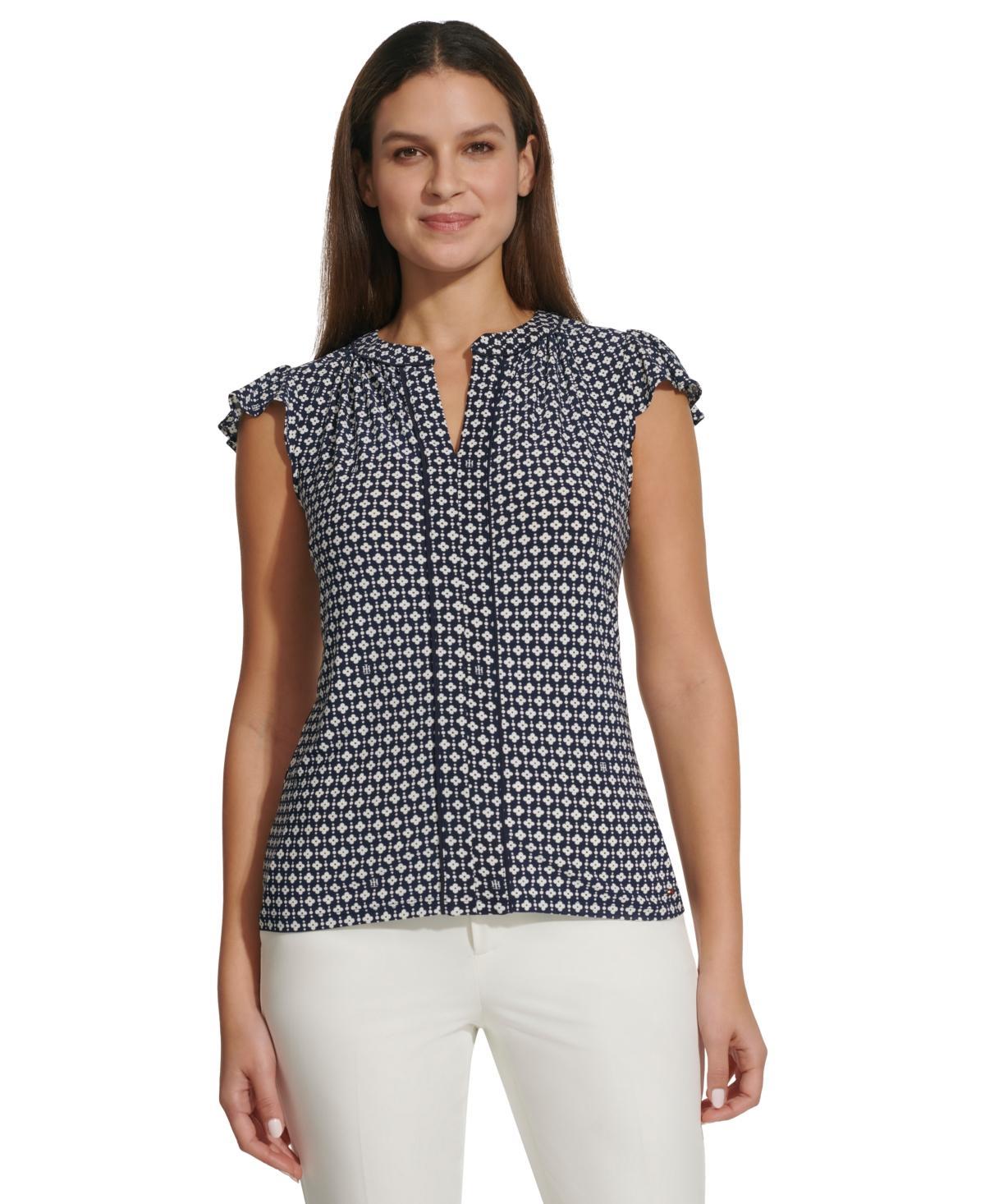 Tommy Hilfiger Womens Geometric-Print Ruffle-Sleeve Top - Midnight product image