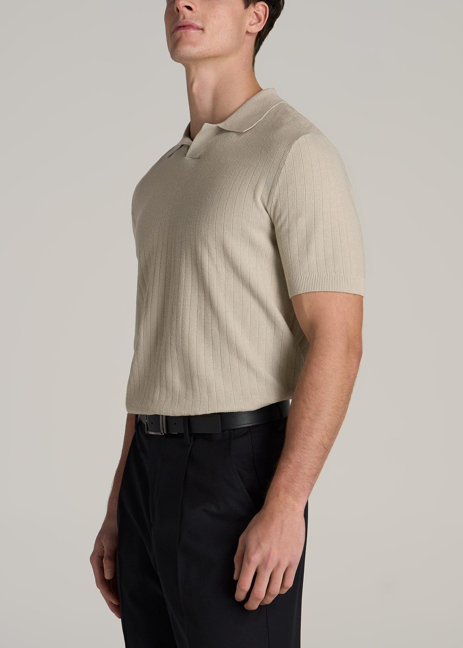 Linen Blend Ribbed Knit Polo Shirt for Tall Men in Stone Product Image