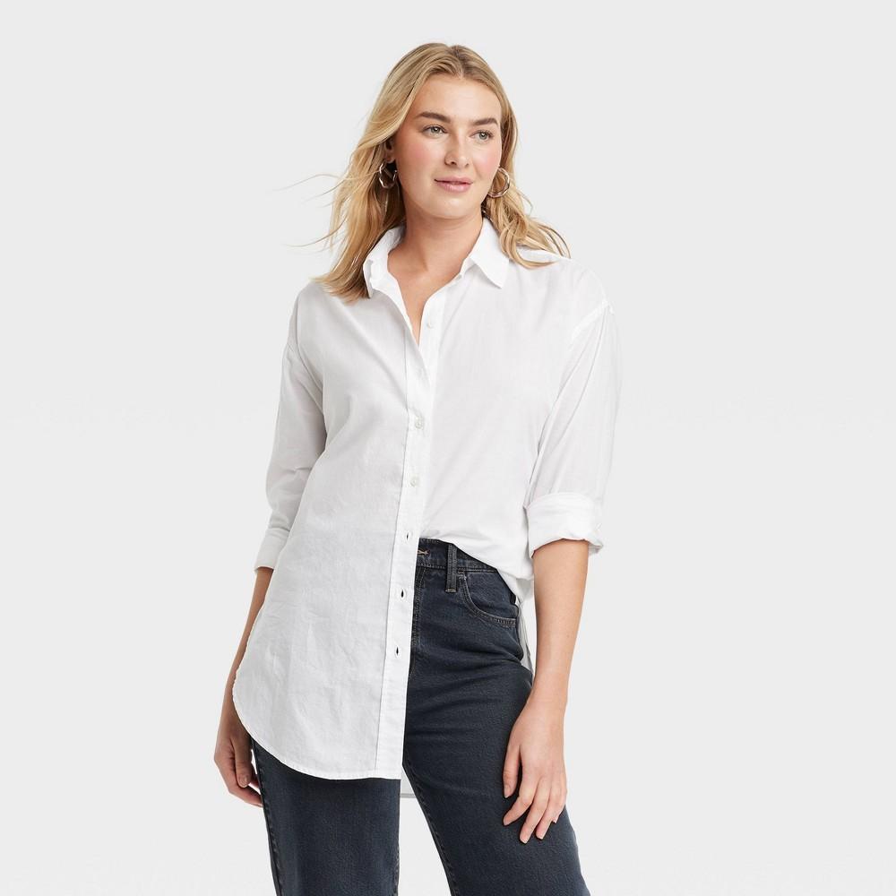 Womens Tunic Long Sleeve Collared Button-Down Shirt - Universal Thread White L Product Image