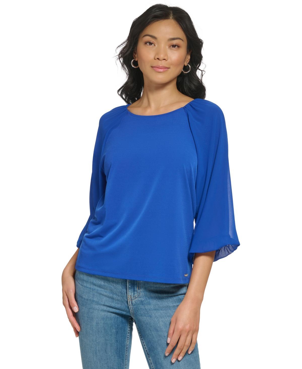 Calvin Klein Mix Media Lantern Sleeve (Klein Blue) Women's Clothing Product Image