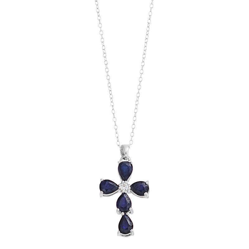 Sterling Silver Sapphire Cross Pendant Necklace, Womens Product Image