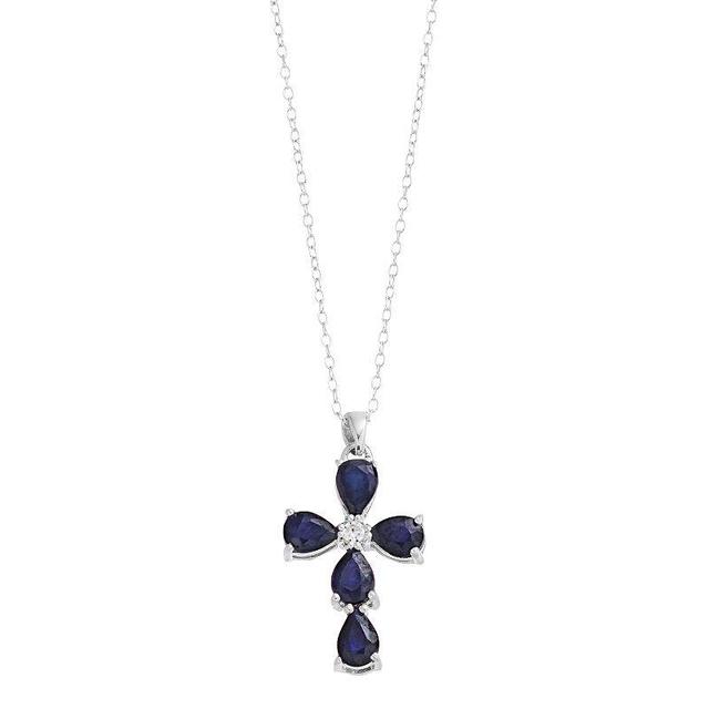 Sterling Silver Sapphire Cross Pendant Necklace, Womens White Product Image