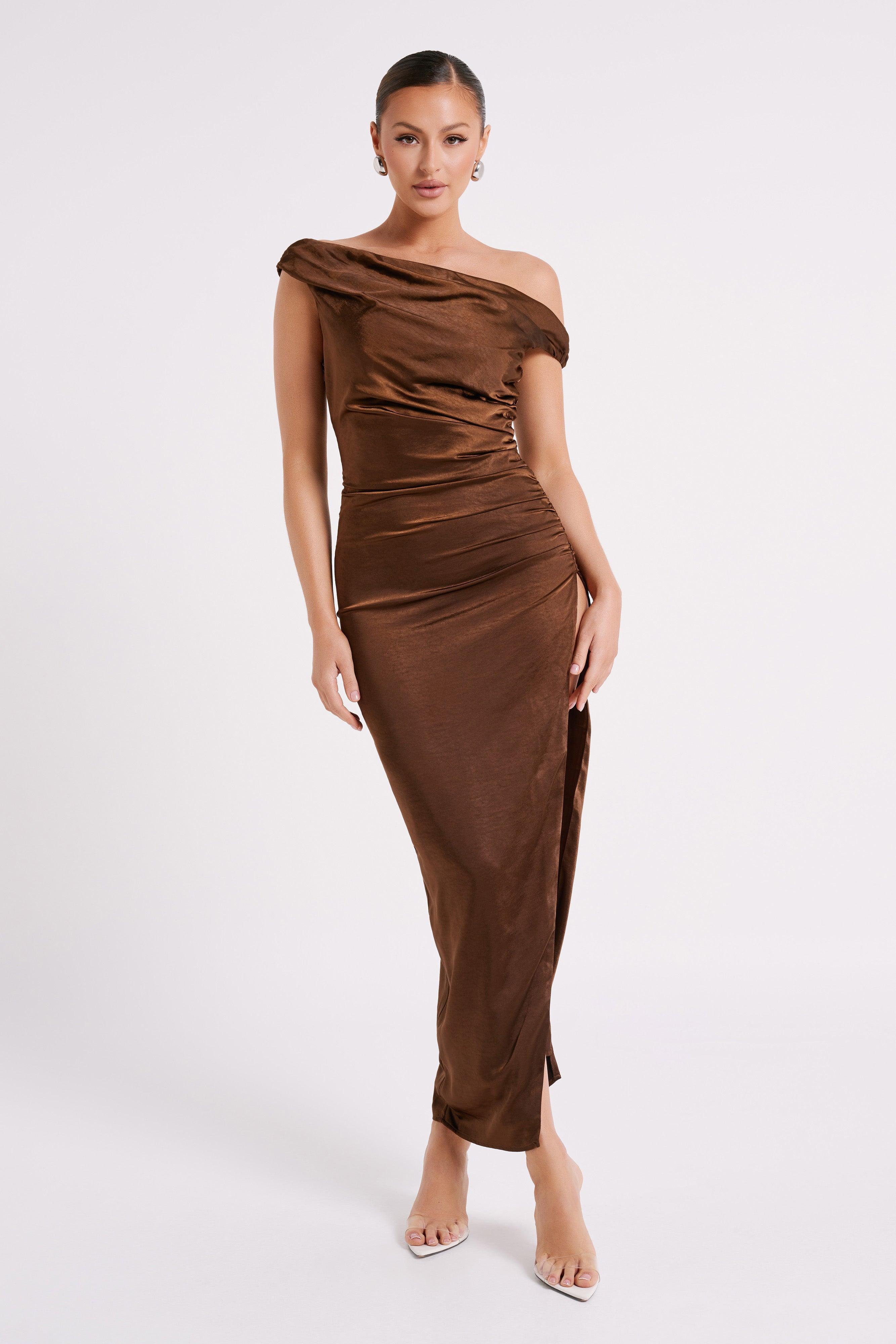 Arianne Draped Satin Maxi Dress - Dark Chocolate Product Image