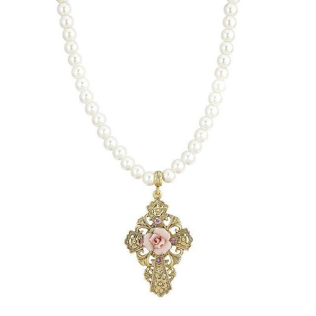 1928 Gold Tone Simulated Pearl & Pink Porcelain Rose Cross Pendant Necklace, Womens, White Product Image