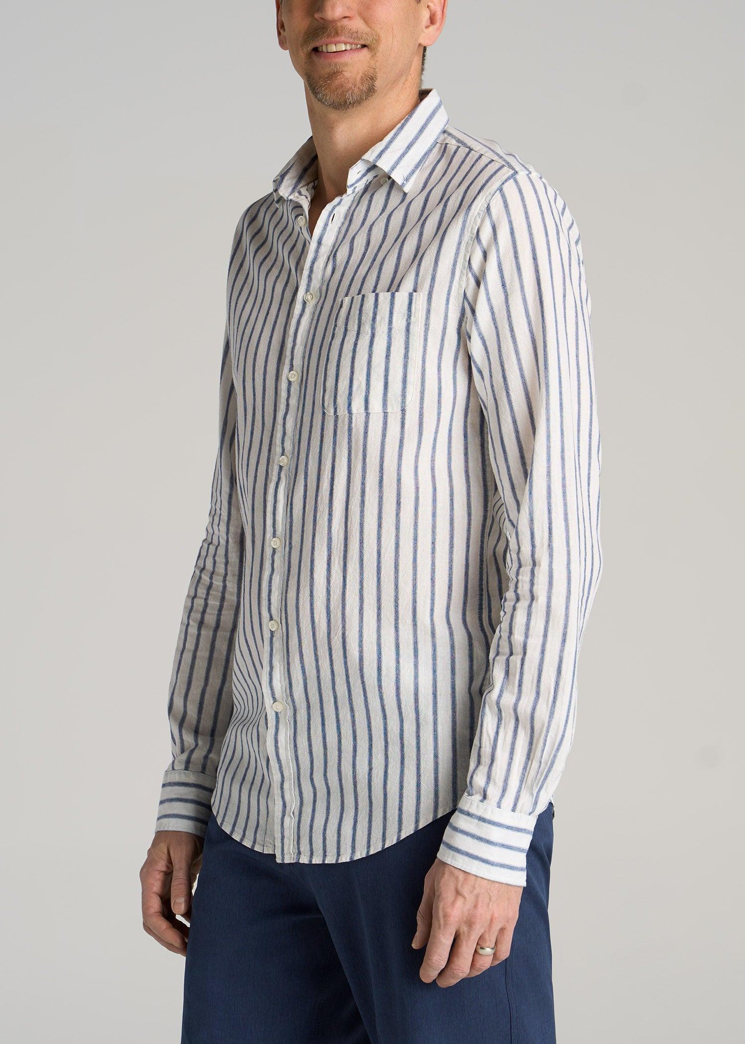 Linen Long Sleeve Shirt for Tall Men in Navy Stripe Product Image