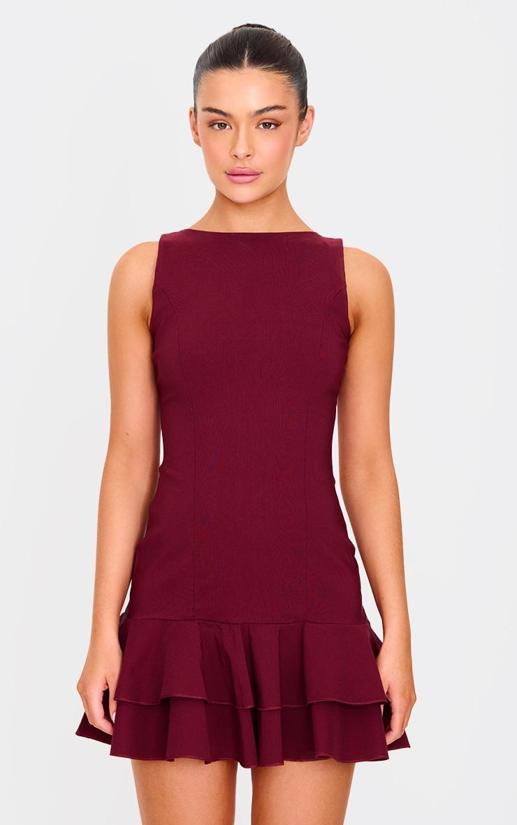 Burgundy Boat Neck Pleated Hem Shift Dress Product Image