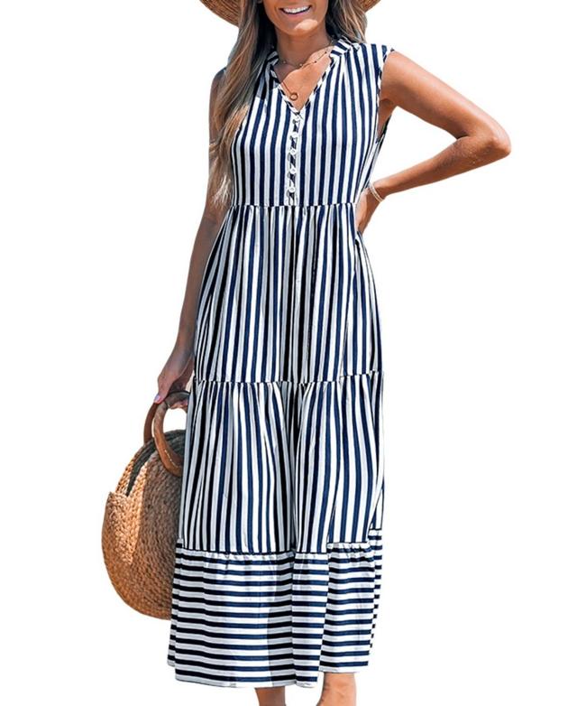 Cupshe Womens Striped Tiered Ruffled Maxi Beach Dress blue Product Image