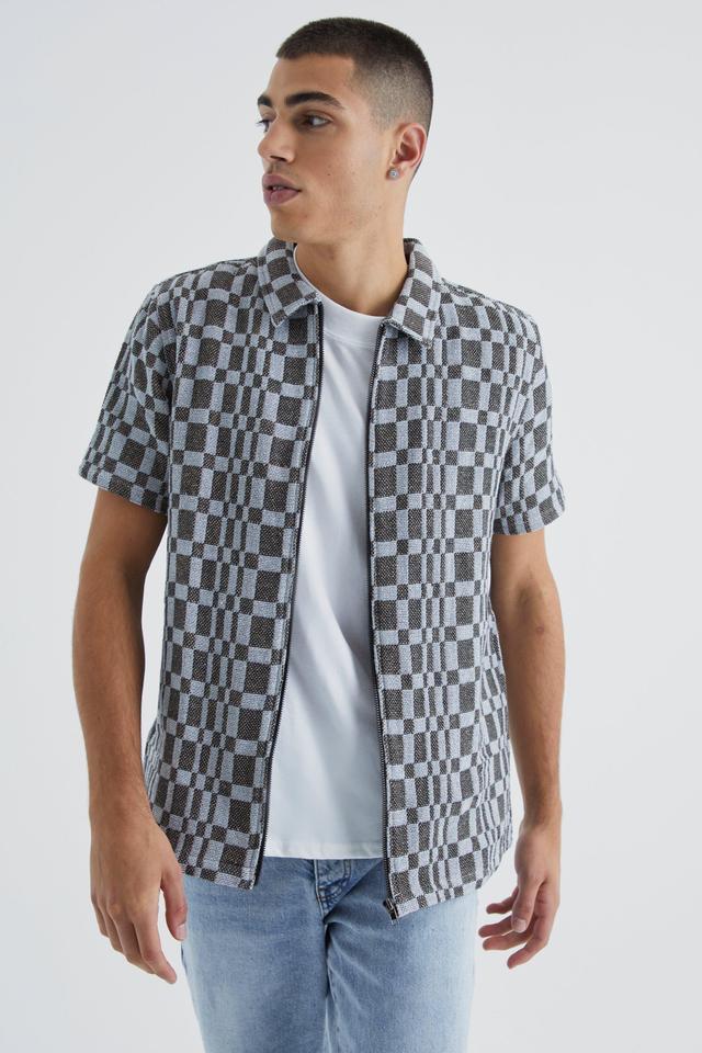 Short Sleeve Zip Through Space Dye Check Overshirt | boohooMAN USA Product Image