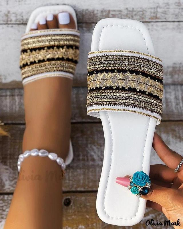 Olivia Mark – Tribal-Inspired Wide Strap Beach Slippers with Bohemian Charm Product Image