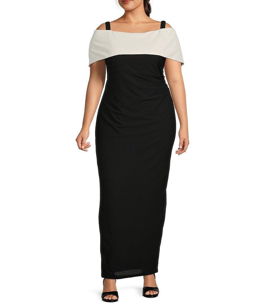 Marina Plus Size Color Block Off-the-Shoulder Short Sleeve Ruched Waist Crepe Sheath Gown Product Image