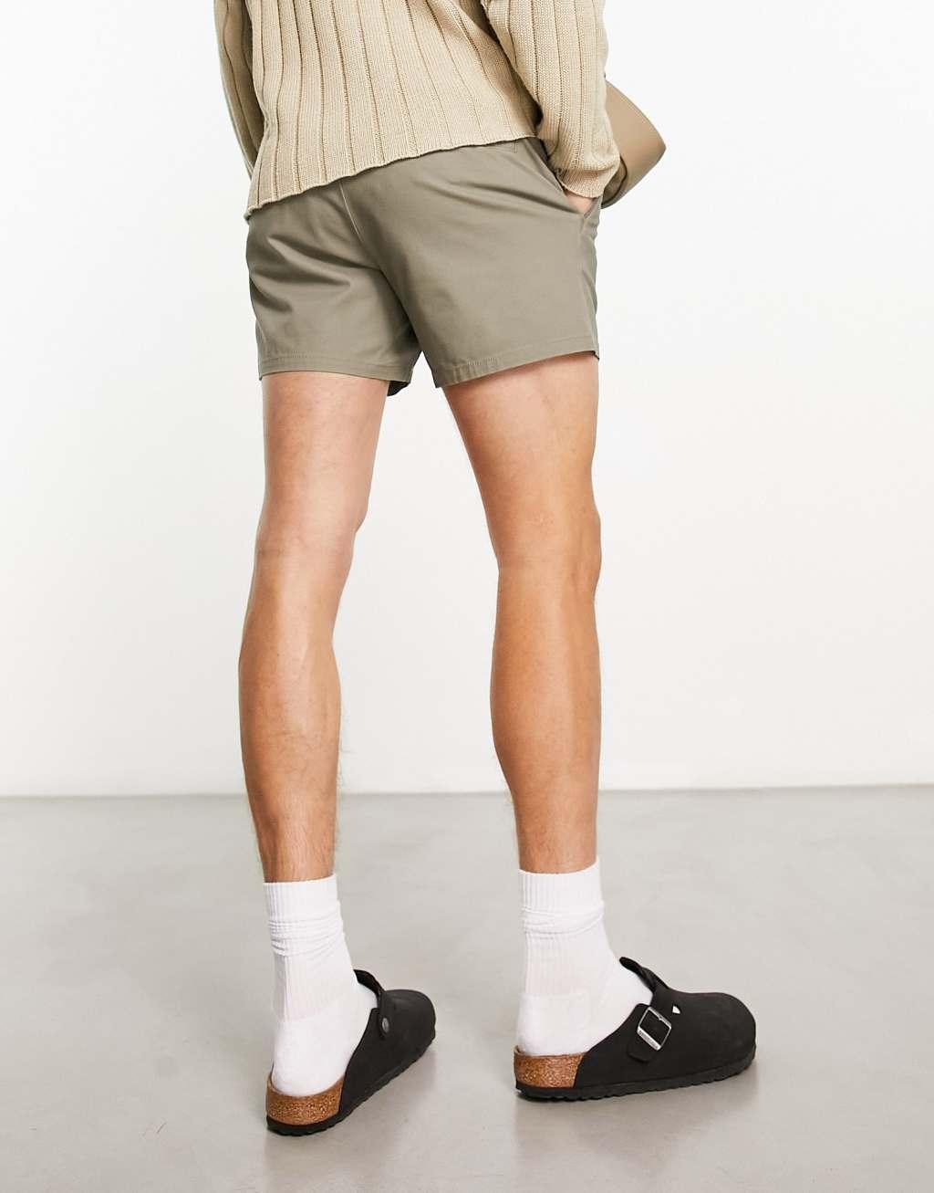 ASOS DESIGN slim chino shorts in shorter length in light khaki  Product Image