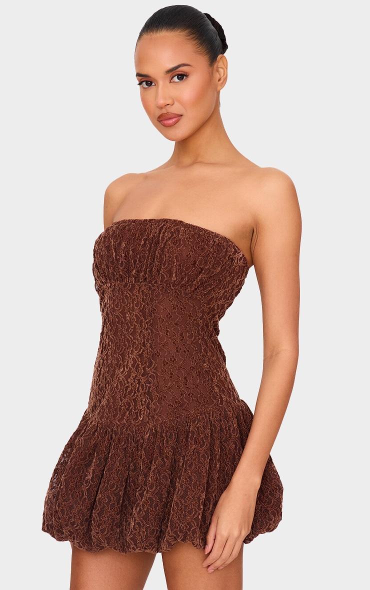 Chocolate Lace Bandeau Ruched Mini Dress Product Image