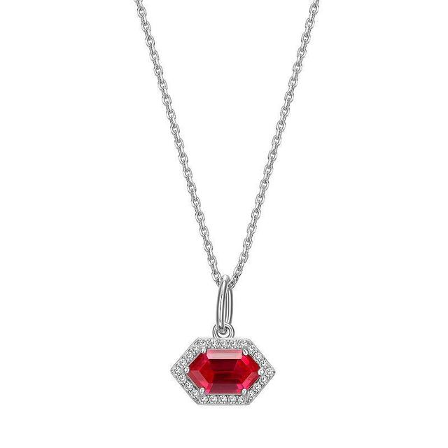 Rhodium-Plated Sterling Silver Lab-Created Ruby With Lab-Created White Sapphire Halo Pendant Necklace, Womens Product Image