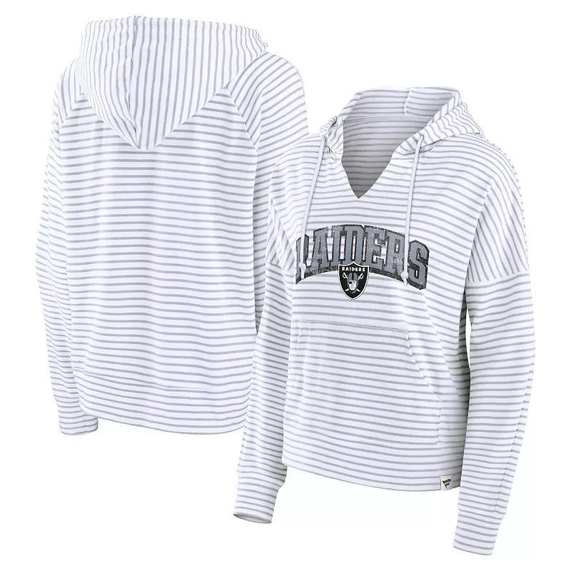 Fanatics Womens White Oklahoma State Cowboys Arch Logo Striped Notch Neck Pullover Hoodie - White, Gray Product Image