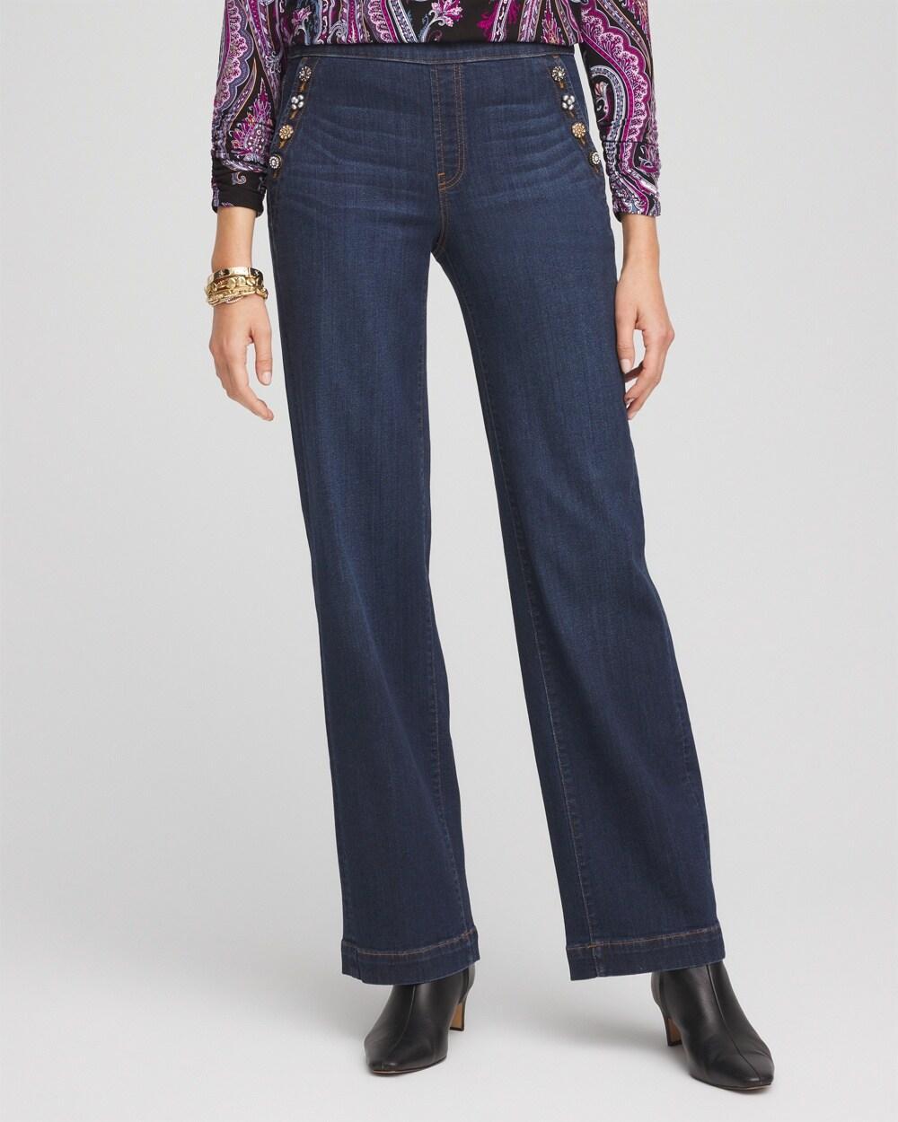 Women's Embellished Wide Leg Pull On Jeans Product Image