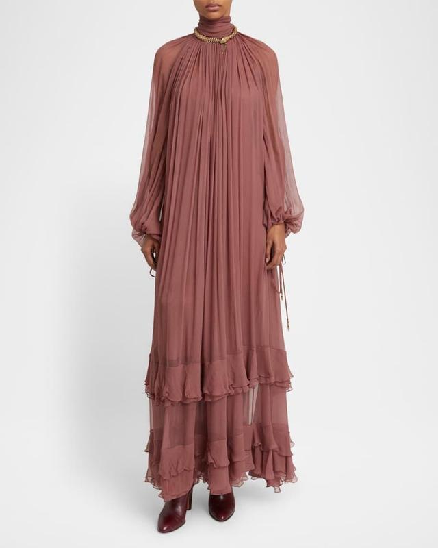 Maxi Ruffled Mock Neck Silk Mousseline Dress Product Image