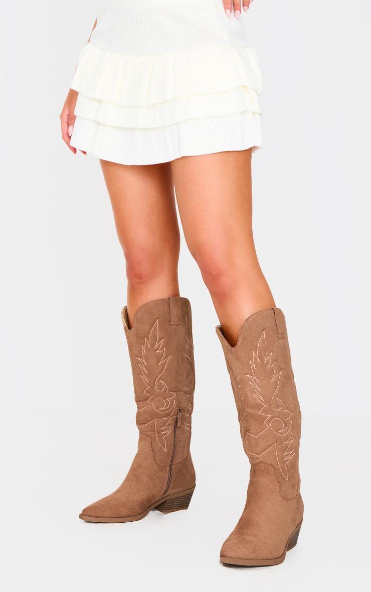 Beige Faux Suede Point Toe Western Boots Product Image