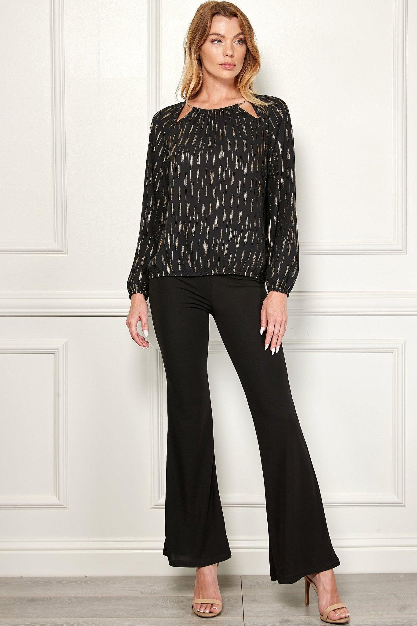 Long Sleeve V-Chain Trim Cutout Bubble Blouse Product Image