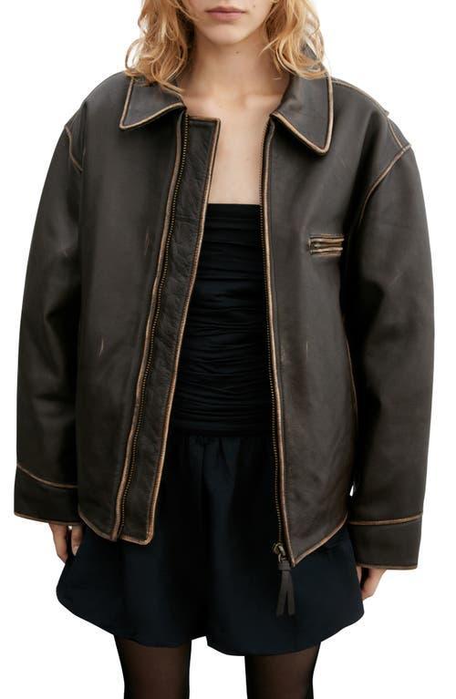 MANGO Oversize Distressed Leather Jacket Product Image