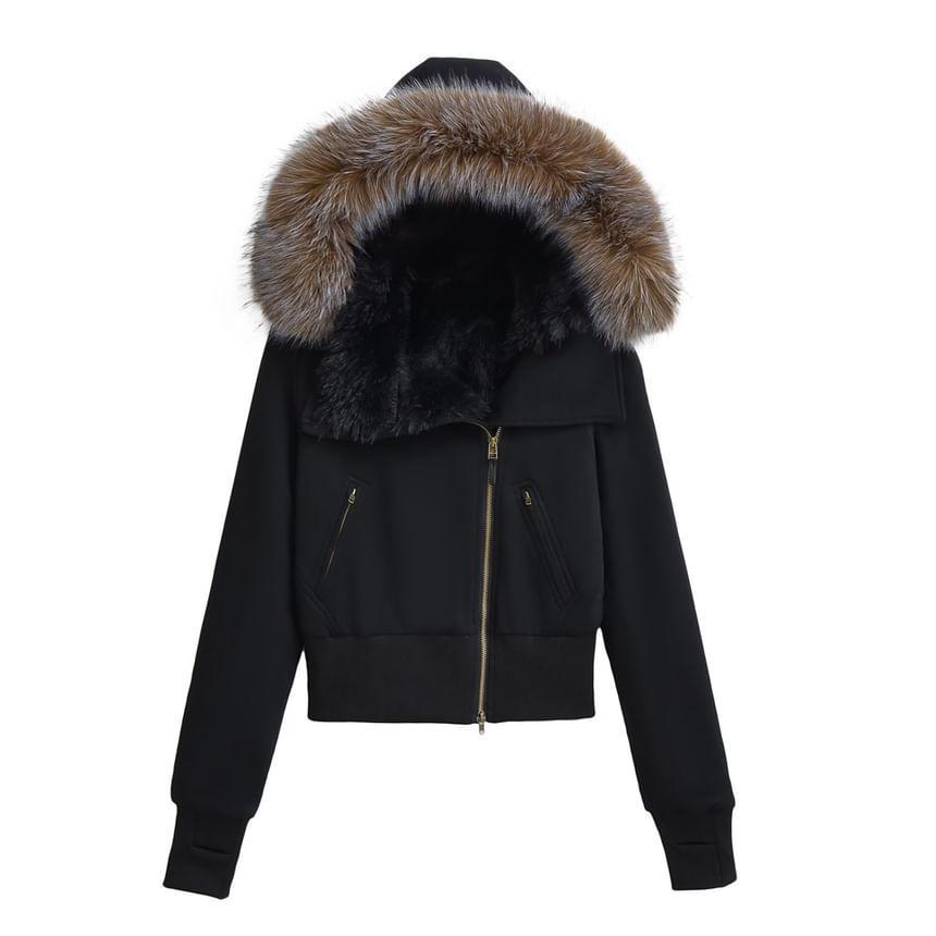 Long Sleeve Plain Fleeced Furry-Trim Hooded Zip-Up Jacket Product Image