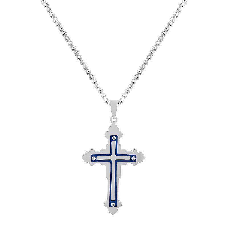 Steel Nation Mens Blue Ion-Plated Stainless Steel Cross Pendant Necklace Two Tone Product Image