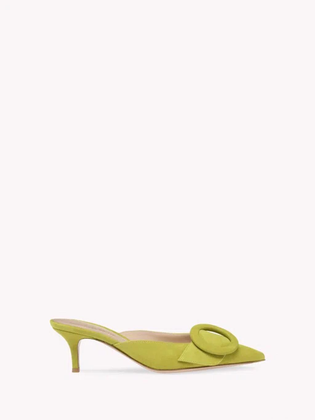 Suede Buckle Point-toe Mules In Green Product Image