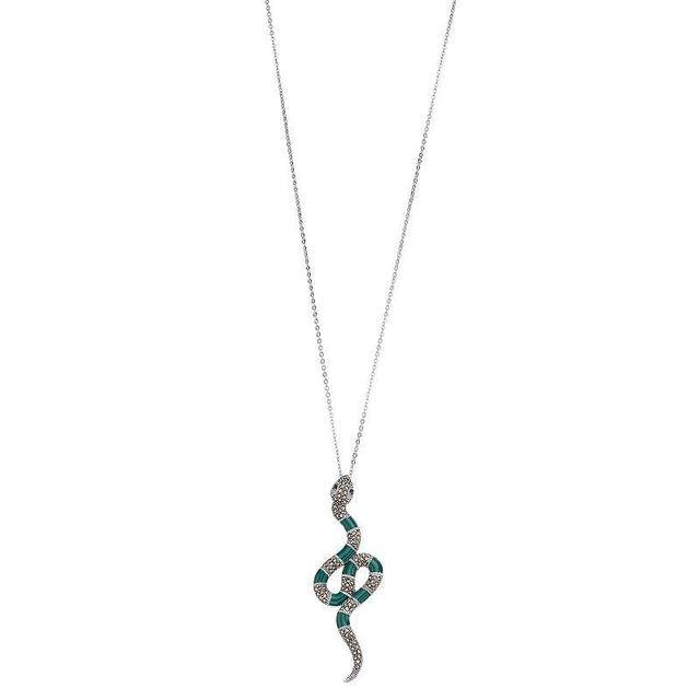 Lavish by TJM Sterling Silver Green Enamel with Black Spinel & Marcasite Serpent Pendant Necklace, Womens Product Image