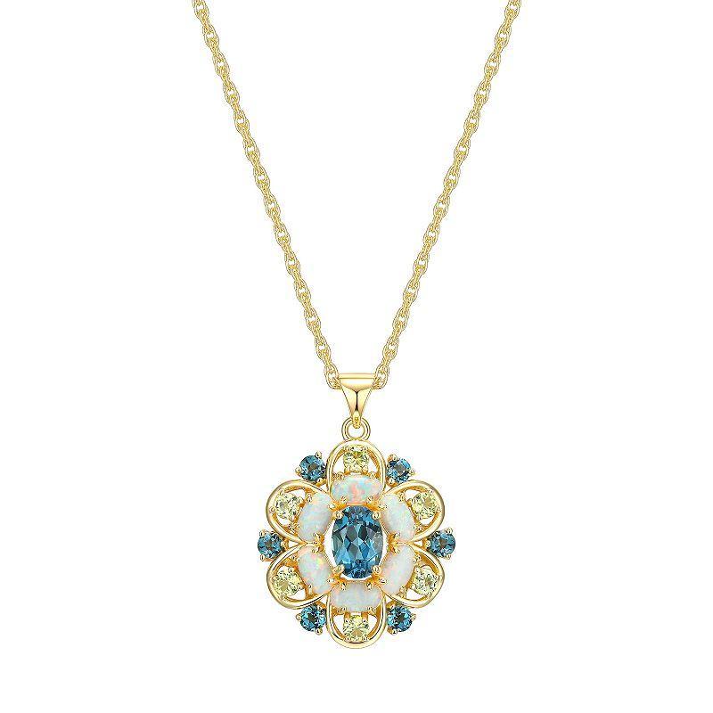 18k Gold Over Sterling Silver Lab-Created Opal With Swiss Blue Topaz & Peridot Pendant Necklace, Womens Product Image