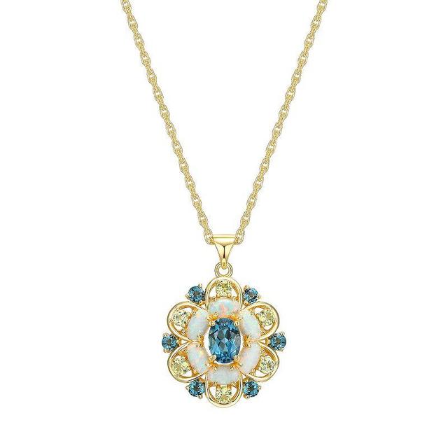 18k Gold Over Sterling Silver Lab-Created Opal With Swiss Blue Topaz & Peridot Pendant Necklace, Womens Gold Tone Product Image