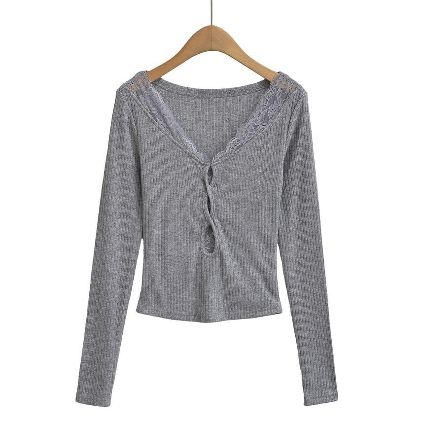 Long Sleeve V-Neck Plain Cutout Panel Lace Top Product Image